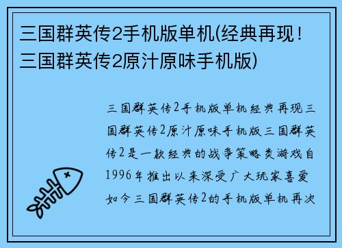 三国群英传2手机版单机(经典再现！三国群英传2原汁原味手机版)